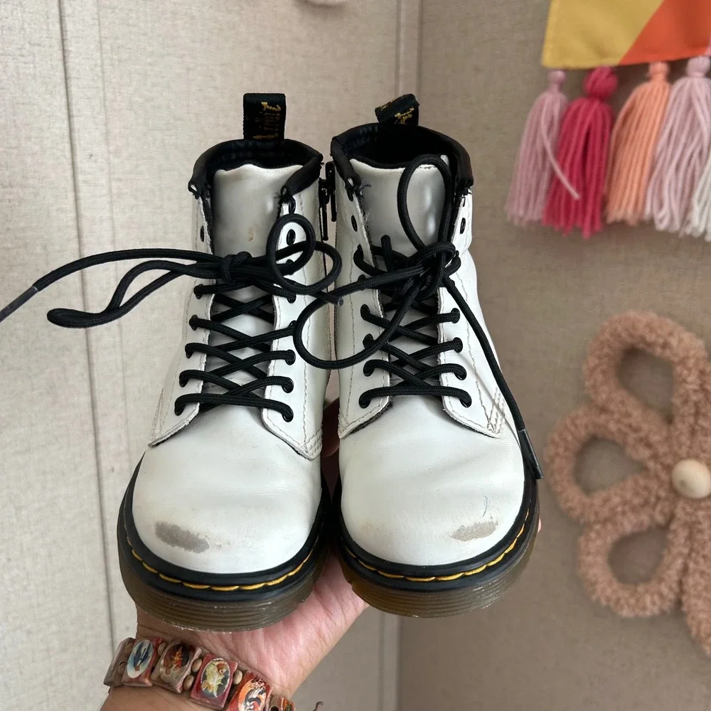 Dr. Martens Delaney Kids White Leather  Combat Boots